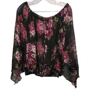 LIVING Doll Semi Sheer Flowy Blouse Black with Roses Floral Size Medium